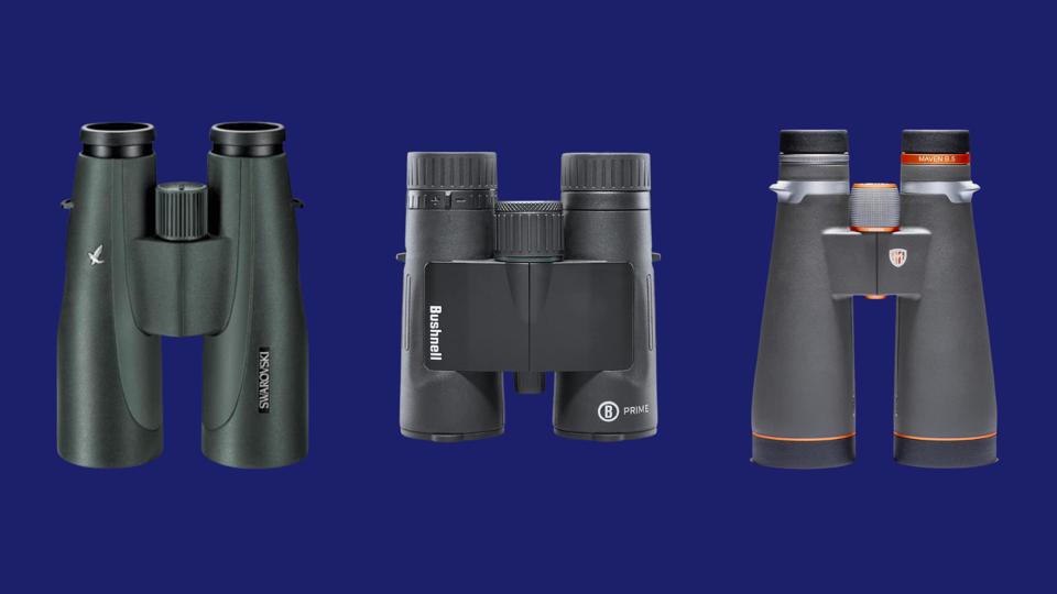 Swarovski, Bushnell and Maven binoculars on a dark blue background