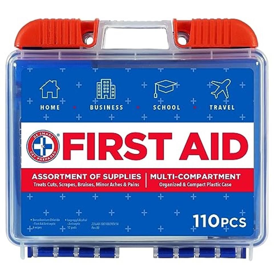 blue, white and red first aid kit with a hard plastic case on a white background