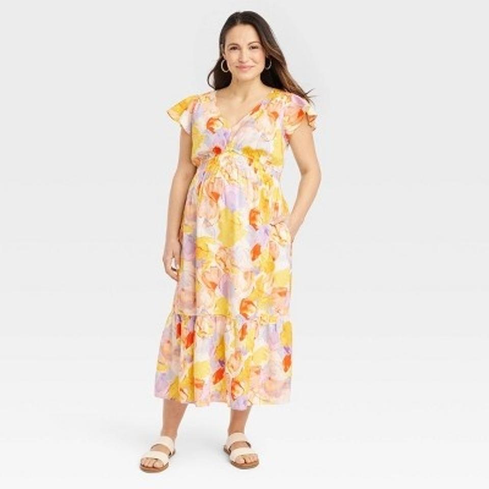 Isabel Maternity Flutter Sleeve Maternity Dress in Yellow Multicolor Floral