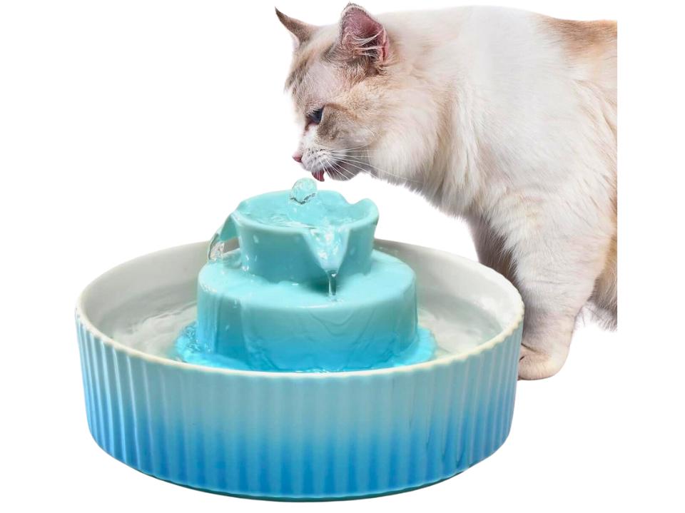 image of white cat drinking water from blue Cepheus 360 Ceramic Pet Fountain on white bg