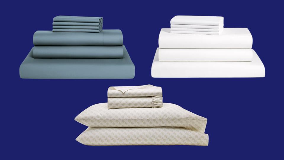 Three bedding sets in different colors folded up on a navy blue background