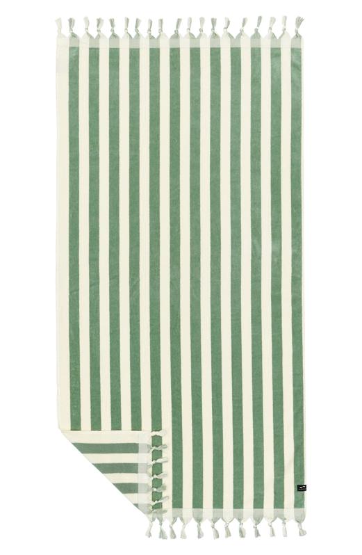 Product shot of the Slowtide Cabana Striped Turkish Cotton Towel in Coastal Mist.