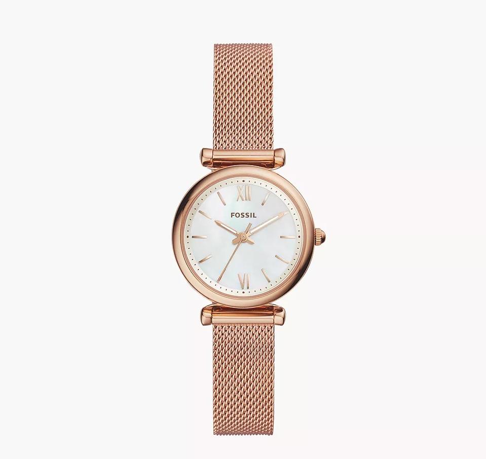 The Carlie Three-Hand Stainless Steel Watch in rose gold against a white background. 