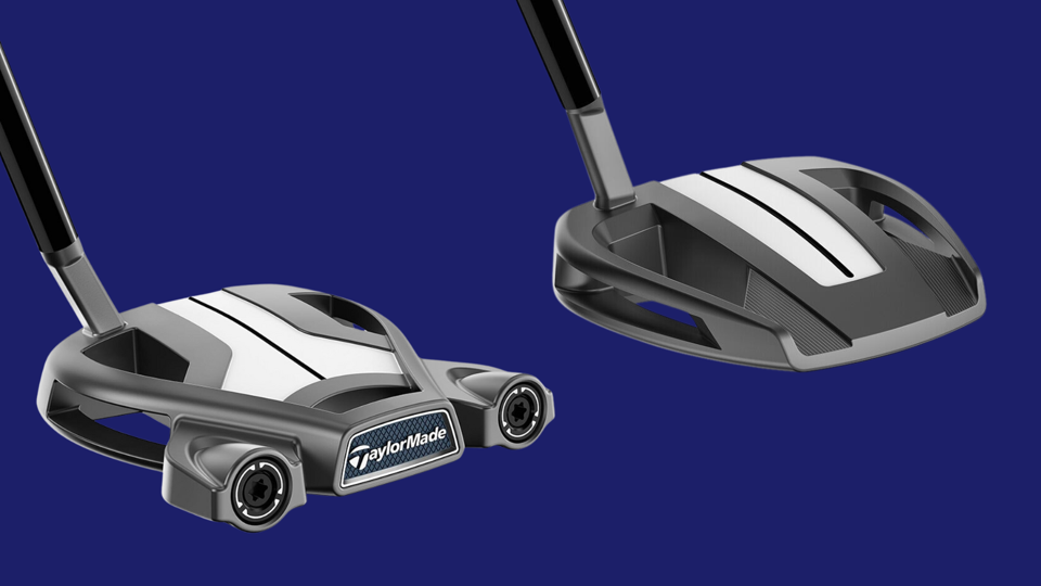 Two TaylorMade putters on a dark blue background