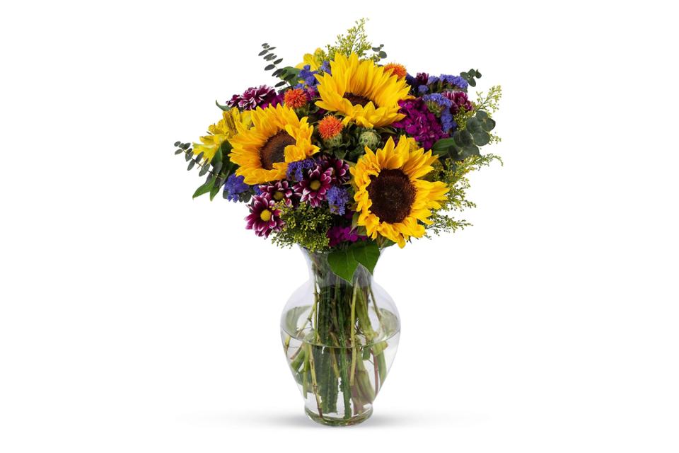 BENCHMARK BOUQUETS - Flowering Fields with sunflowers Glass Vase Included on white background