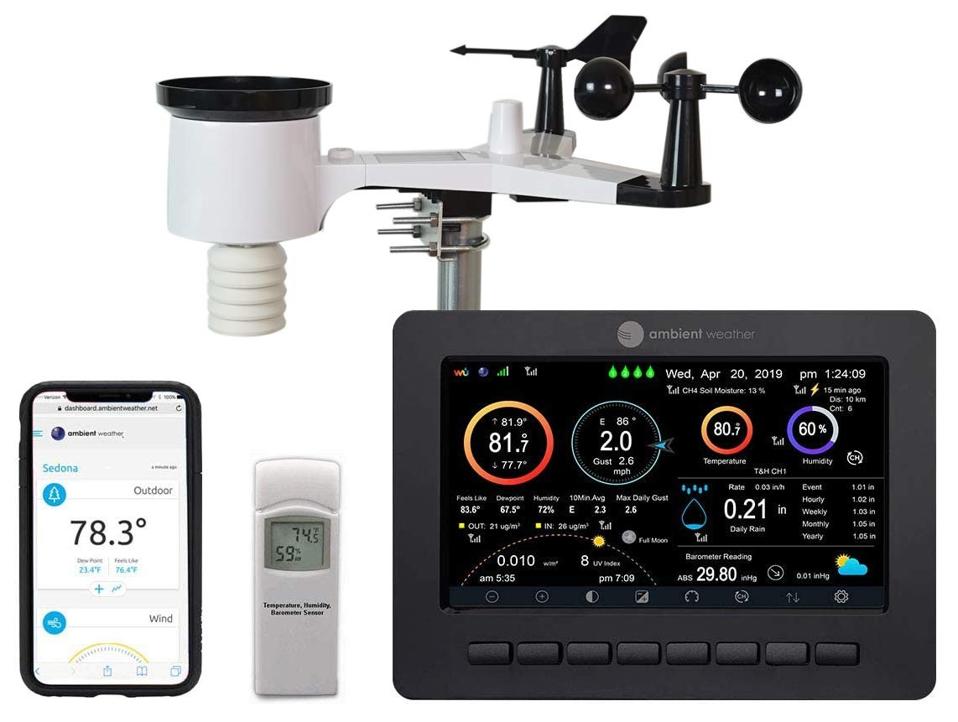 The Ambient Weather WS-2000 Smart Weather Station and its components against a white background