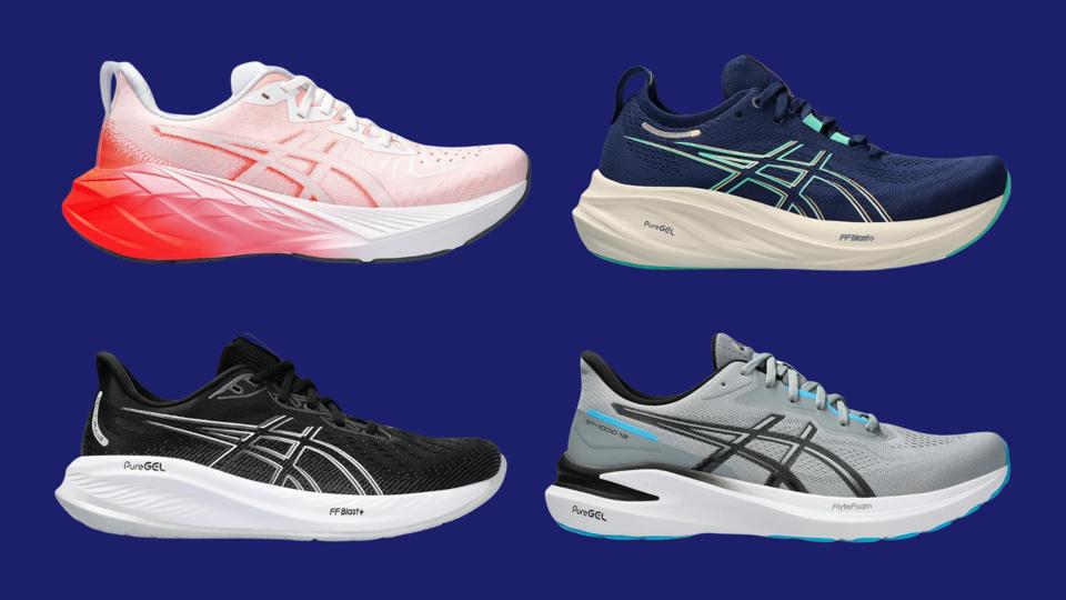 Four examples of the best Asics running shoes on a dark blue background