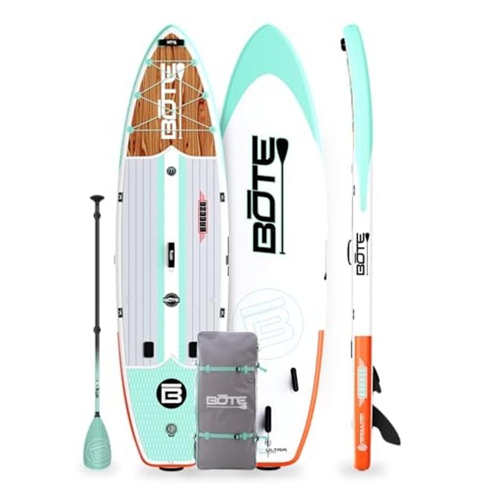 Bote Breeze Aero Inflatable Stand Up Paddle Board in white with green and wooden accents