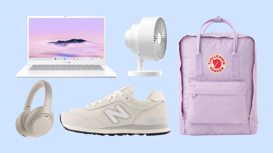 Collage: Asus laptop, desk fan, sony headphones, New balance sneaker and Fjallraven pack.