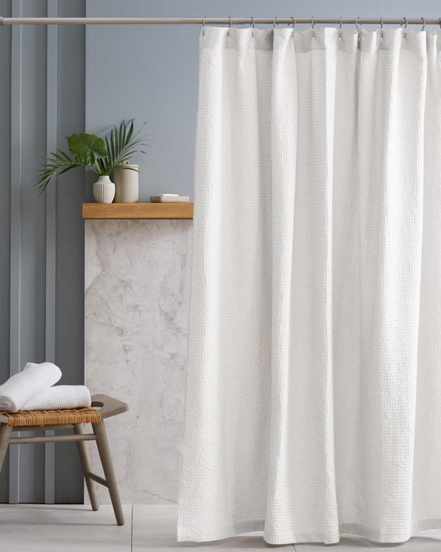 Quince Luxe Waffle Shower Curtain in white