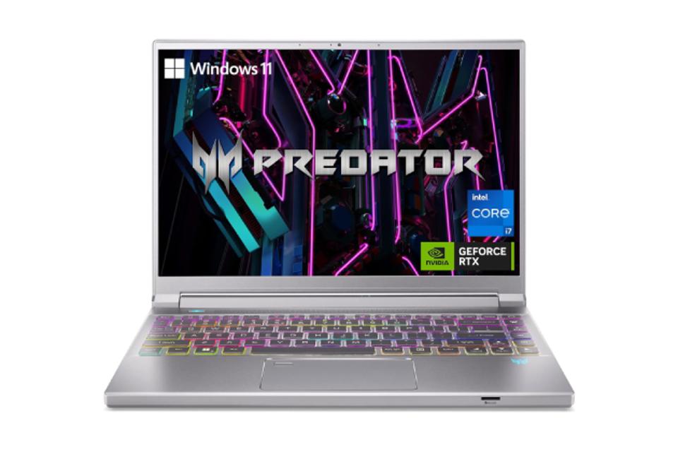 A silver Acer Predator Triton 14 Gaming Laptop on a white background.