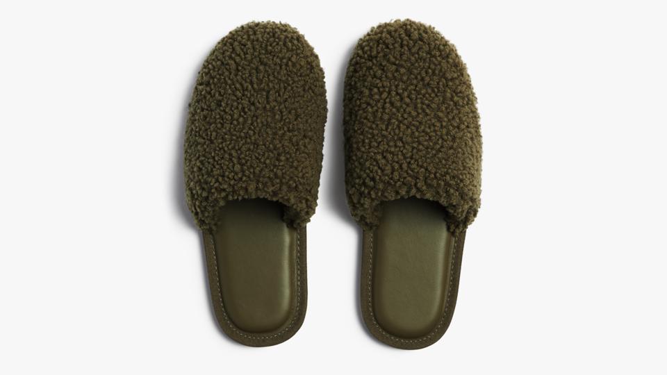 Green Parachute Shearling Wool Slides on white background