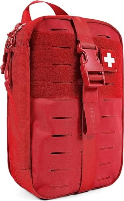 red and white rectangular first aid kit with a zipper on a white background