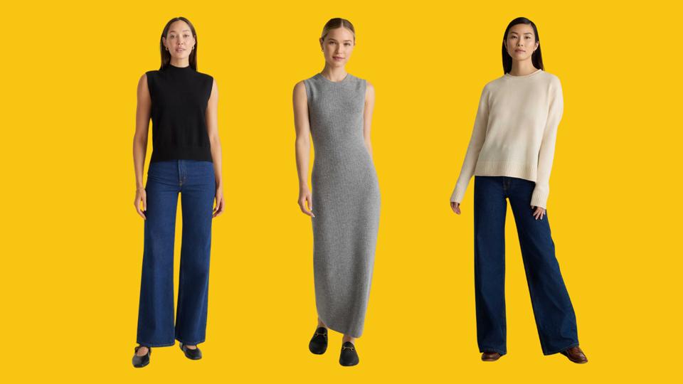 Three models wearing Quince cashmere on a yellow background.