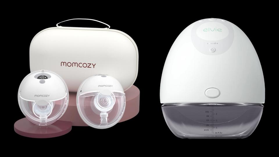 momcozy and elvie wearable breast pumps on a black background