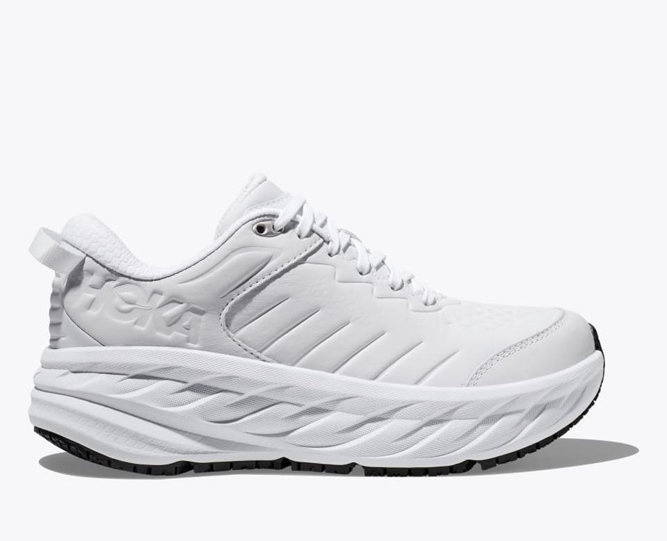 Product shot of a Hoka Bondi SR sneaker in white.