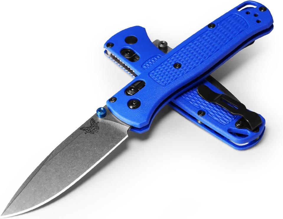 Benchmade 535 Bugout pocket knife with a blue handle and straight edge blade