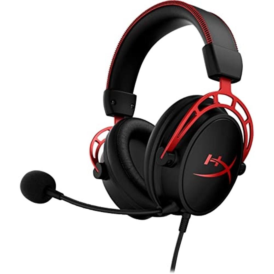 Product shot of black HyperX Cloud Alpha Gaming Headset with red accents. 