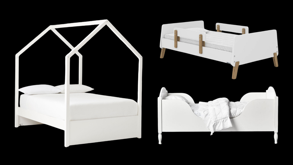 Three white toddler beds on a black background