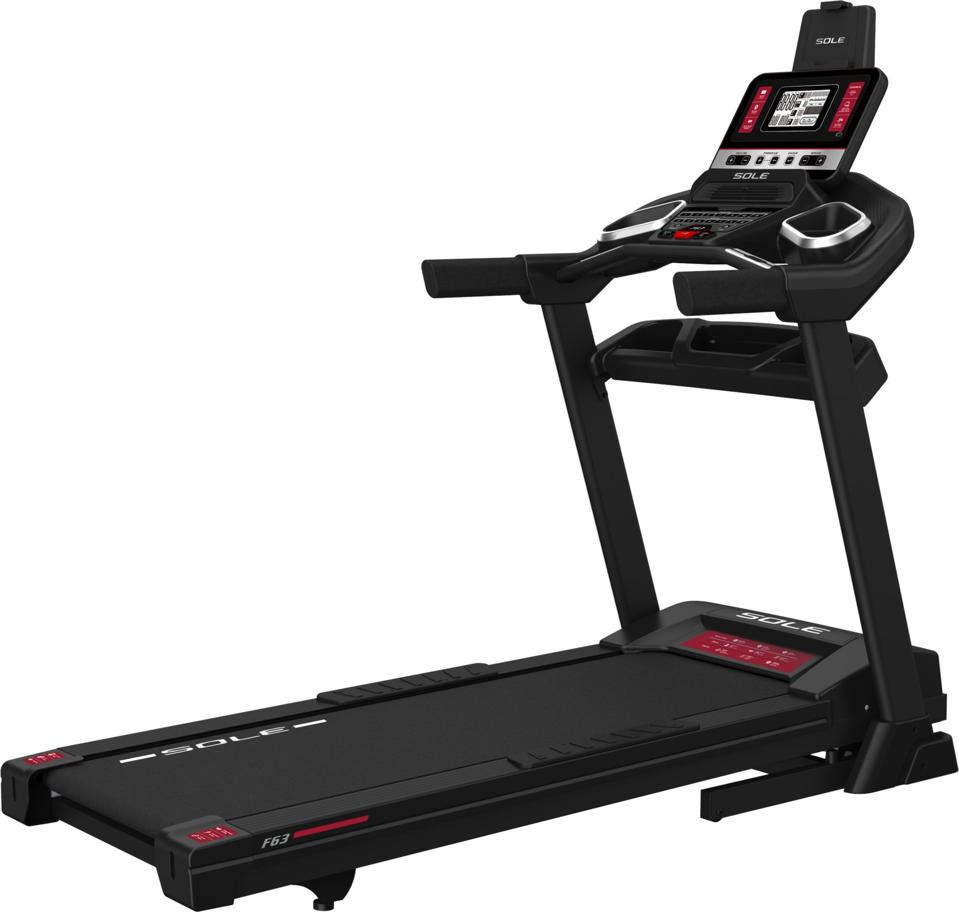 Black Sole F63 Treadmill with red accents on a white background. 