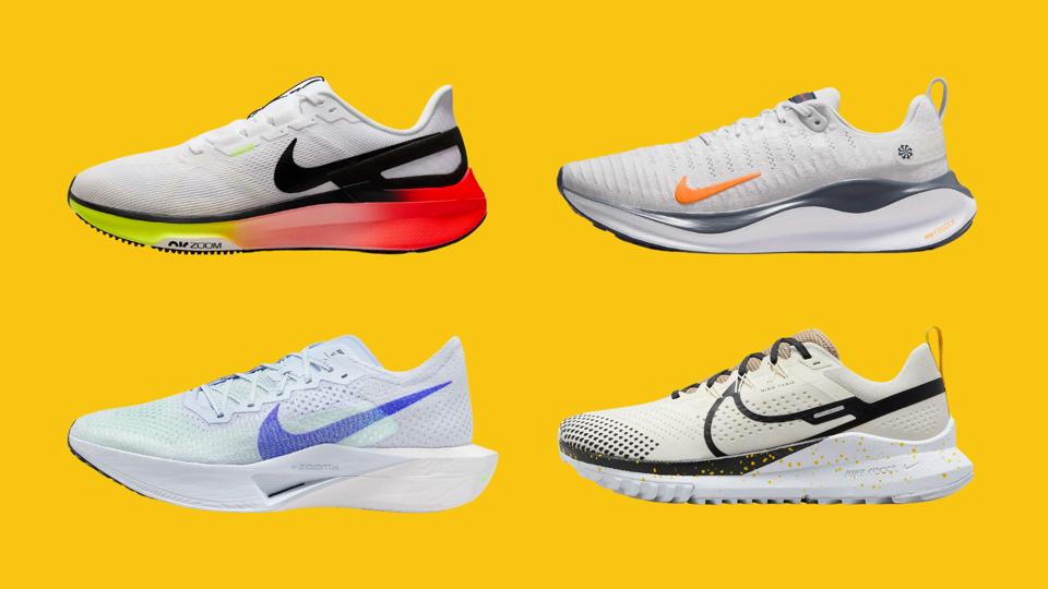 Nike Structure 25, InfinityRN 4, Vapor Fly 3 and Pegasus Trail 4 shoes on a blue background