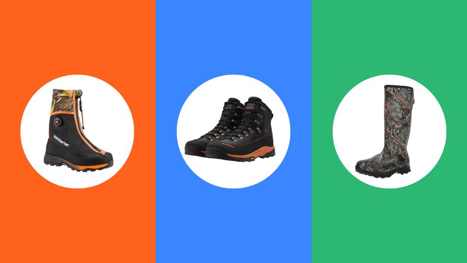 Three of the best hunting boots on colorful backgrounds.