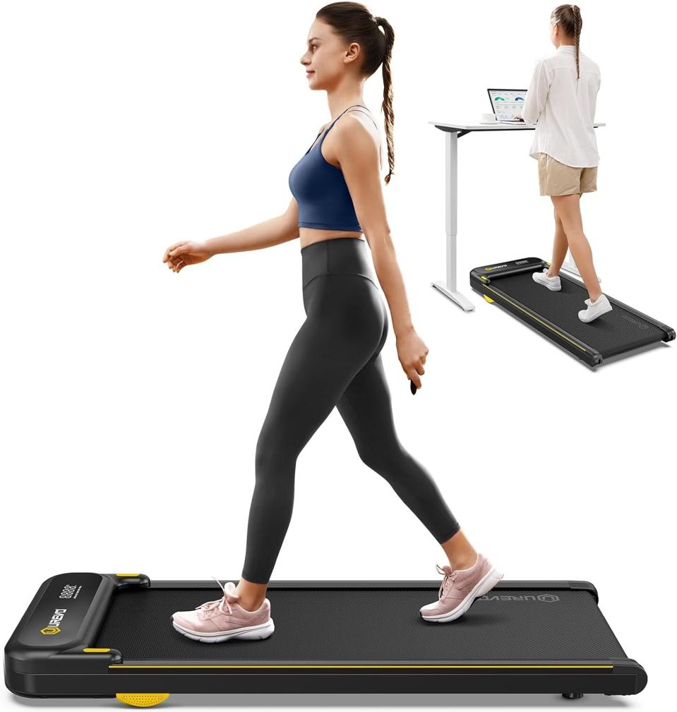 2 pics of Woman walking on black under desk treadmill and typing at a standing desk