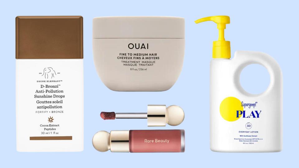 Drunk Elephant bronzing drops, OUAI hair mask, Rare beauty blush and Supergoop sunscreen.