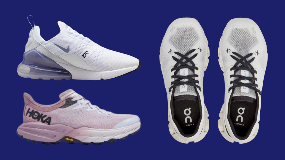 Collage with Nike sneaker, Hoka sneaker and a pair of on Cloud sneakers in various colors.