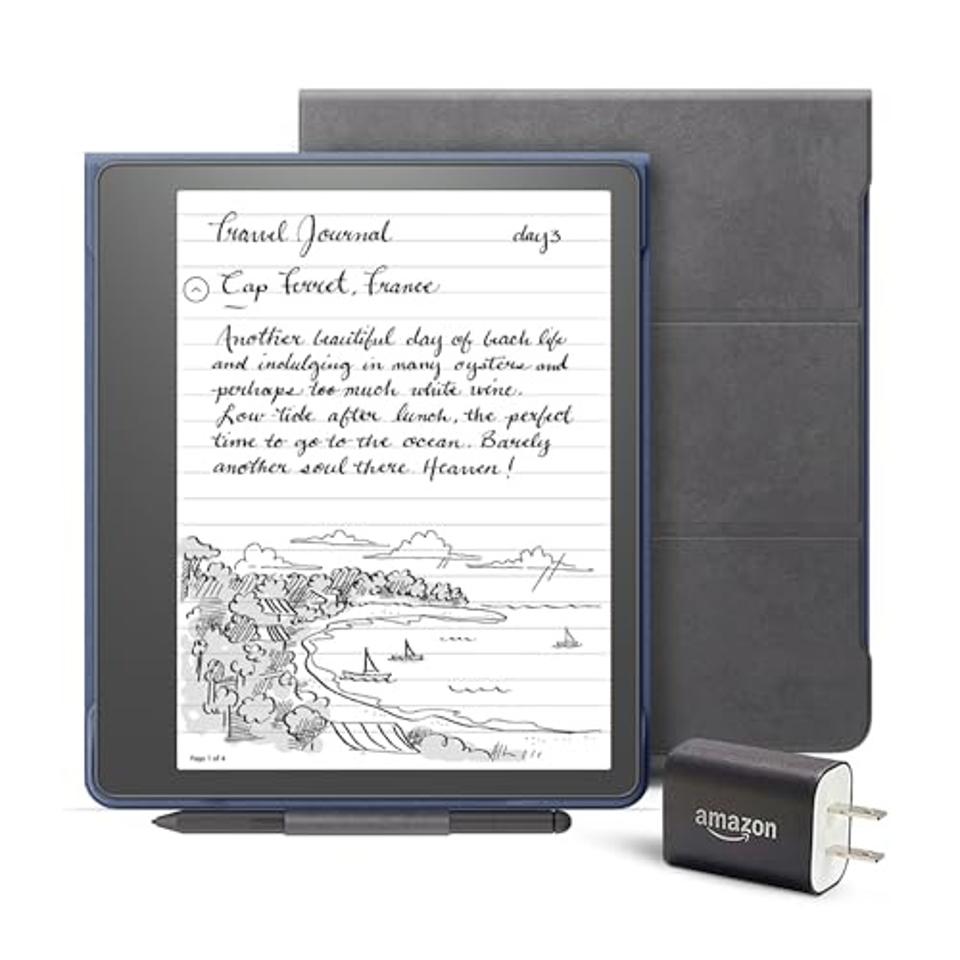 Kindle Scribe Essentials Bundle including Kindle Scribe (32 GB), Premium Pen, Brush Print Leather Folio Cover with Magnetic Attach - Tungsten, and Power Adapter