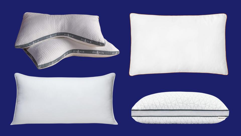 Coop Sleep Goods Pillow, Eli & Elm Pillow and two more pillows on a blue background