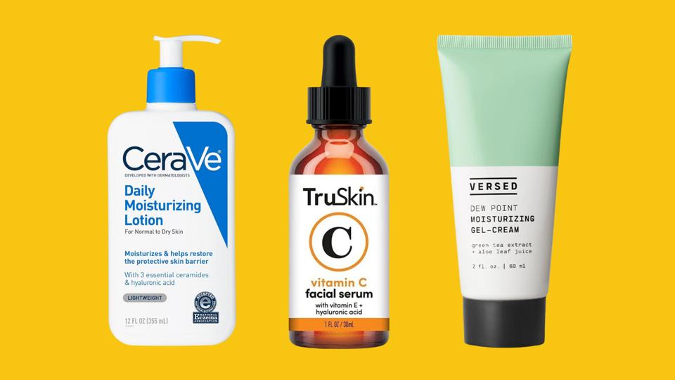 3 of the best pregnancy skincare products: CeraVe moisturizer, TruSkin Vitamin C serum, Versed moisturizing gel-cream