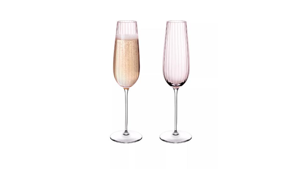 blush pink Champagne Flutes on off white background