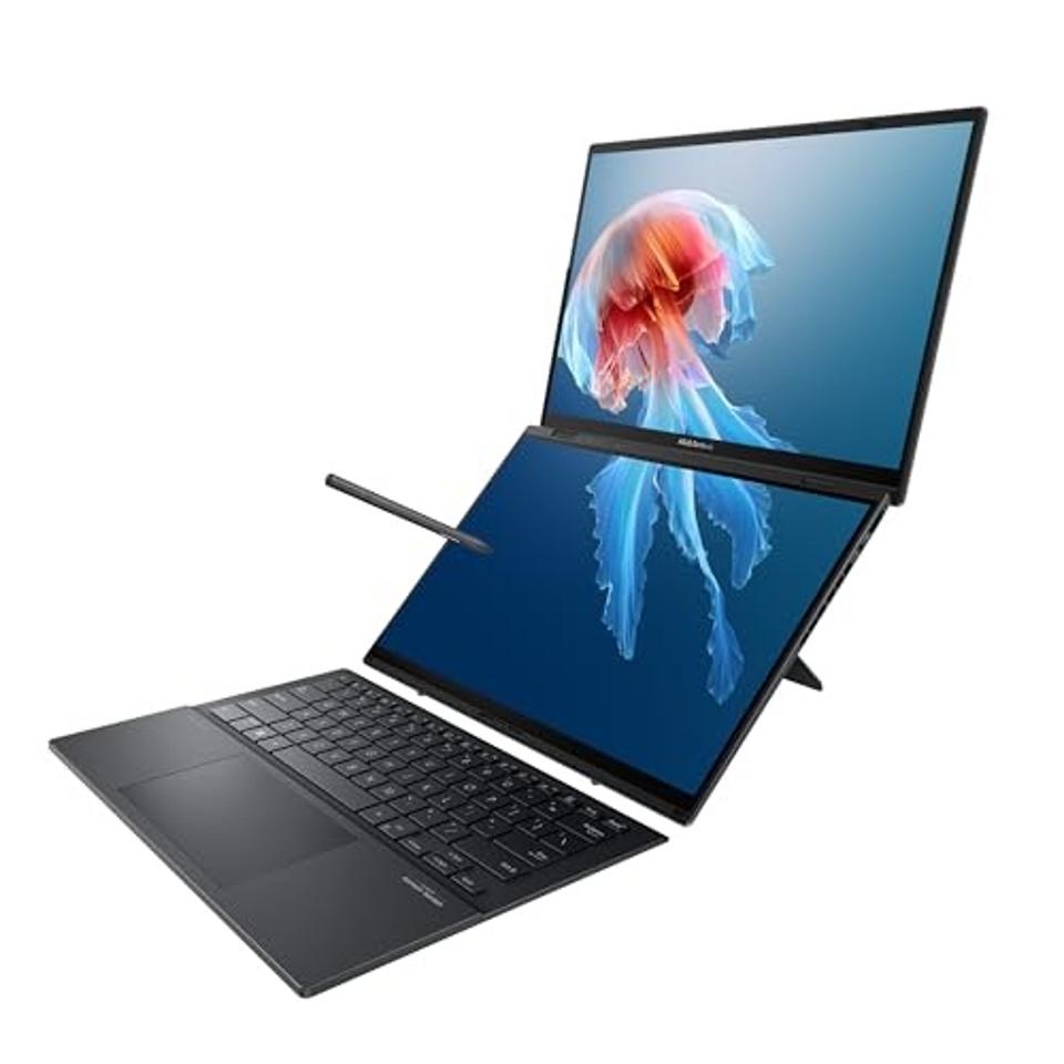 The Asus ZenBook Duo 2024 open on a white background