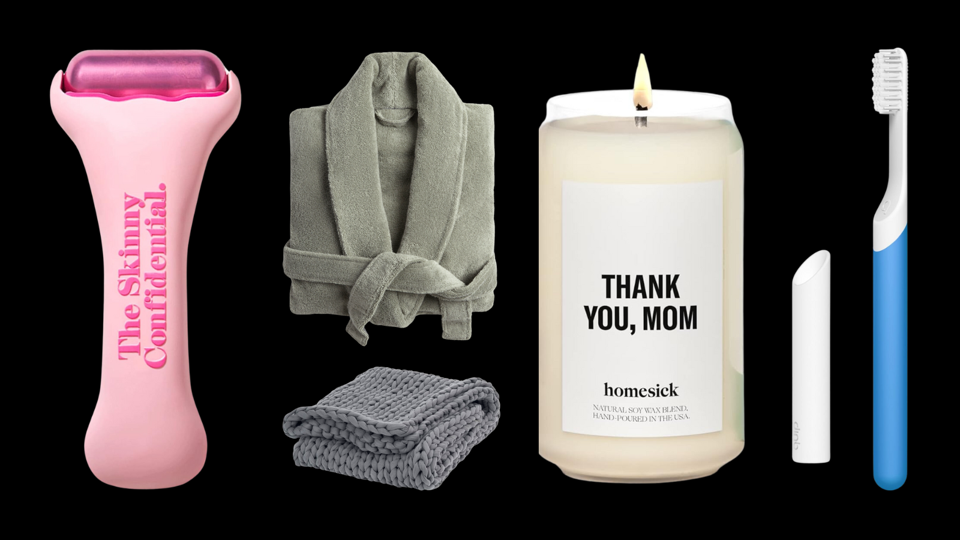 Collage of gifts: ice roller, robe, weighted blanket, “Thank You Mom” candle & toothbrush 