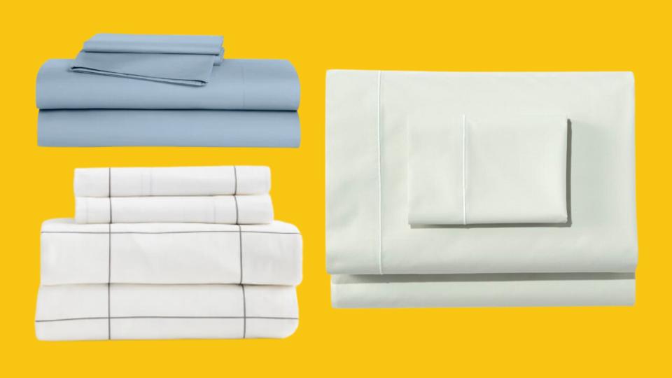 Three different sets of folded sheets on a yellow background