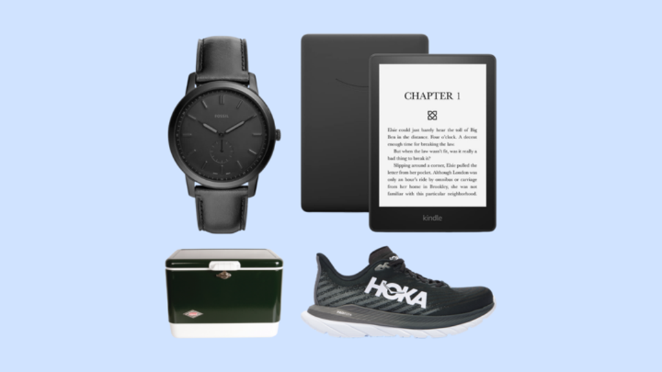 collage with Fossil watch, Kindle ereader, Coleman vintage cooler and Hoka sneaker.