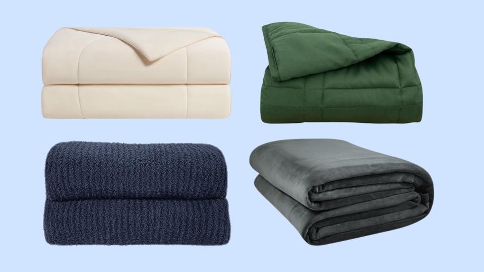 Four of the best oversized blankets against a light blue background.