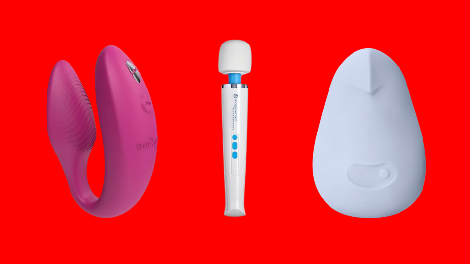 Three of the best sex toys against a bright red background.