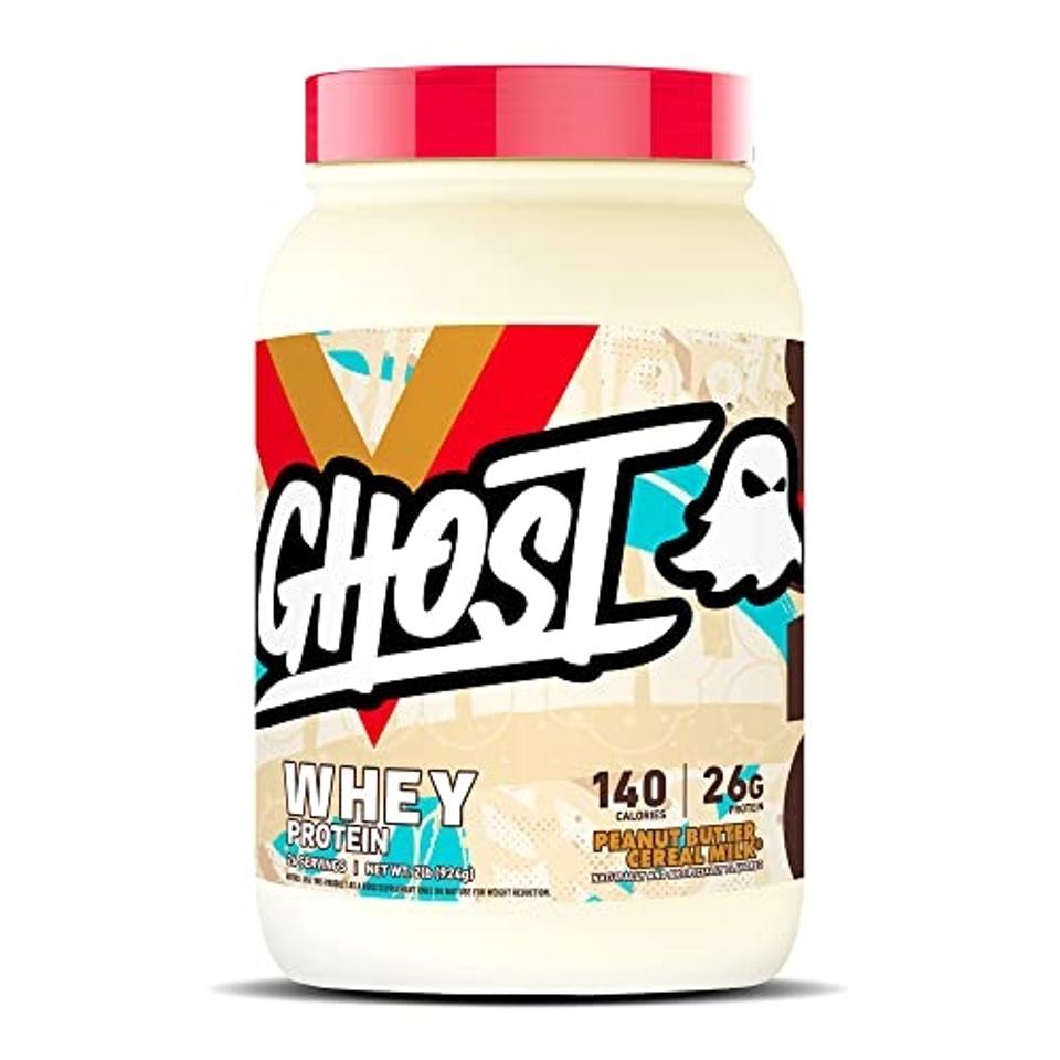 GHOST Whey protein powder on a white background