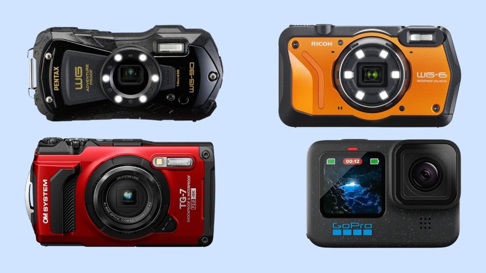 Four waterproof cameras on a light blue background