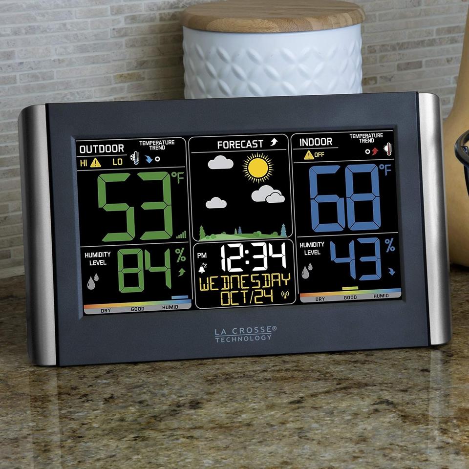 The display for the La Crosse Weather Station on a kitchen counter