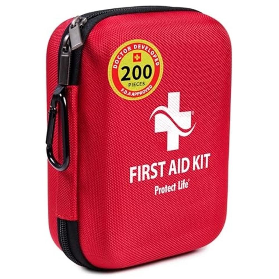 Red first aid kit with white text on the front on a white background