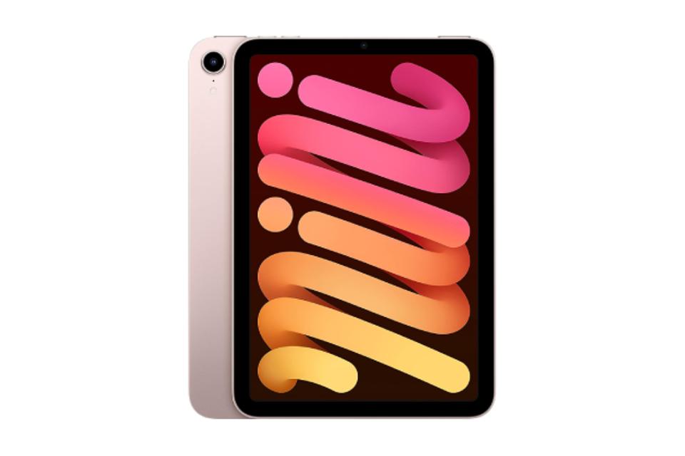 Apple iPad Mini (6th Generation) in pink with colorful screen on a white background