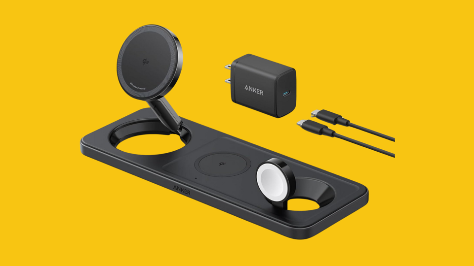 An Anker charging station in black on a yellow background