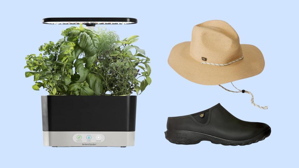 A few of the best Mother's Day gardening gifts in 2024 against a blue background.