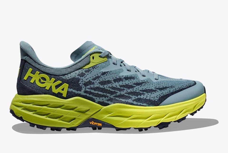 Product shot of a Hoka Speedgoat 5 sneaker in the Stone Blue / Dark Citron colorway.