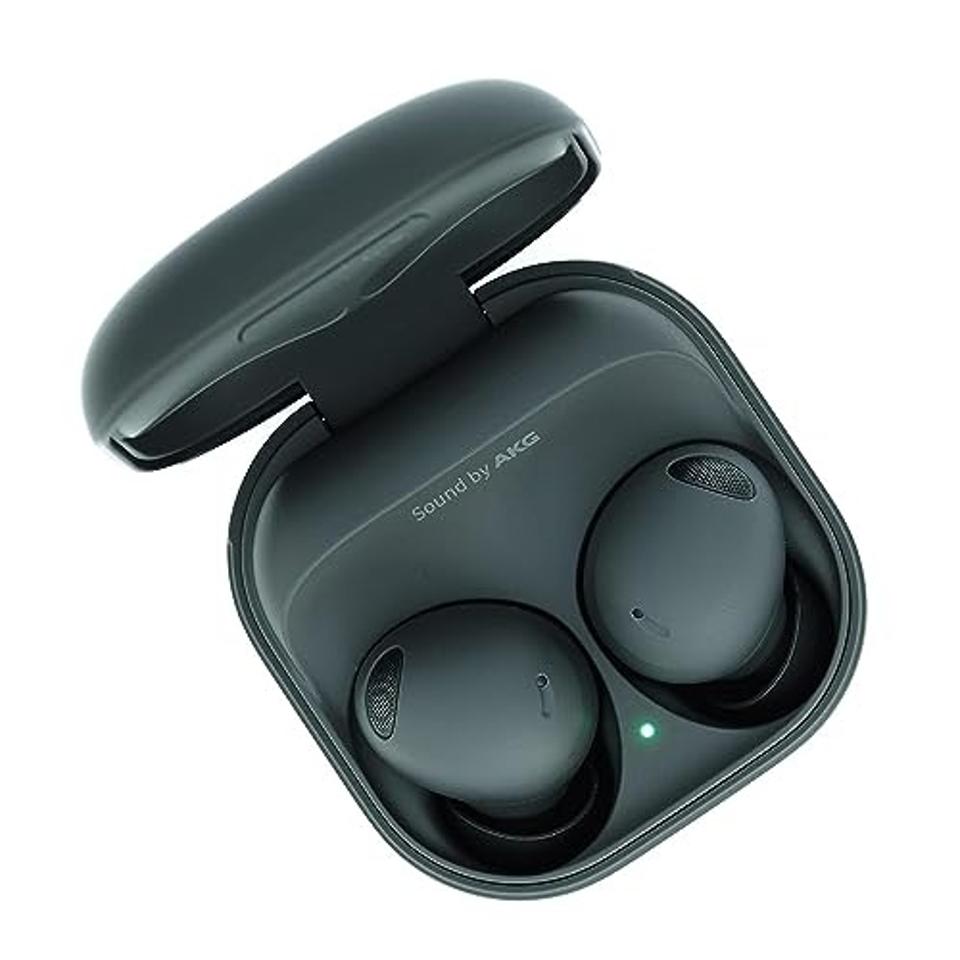 Gray SAMSUNG Galaxy Buds Pro 2 in their case on a white background.