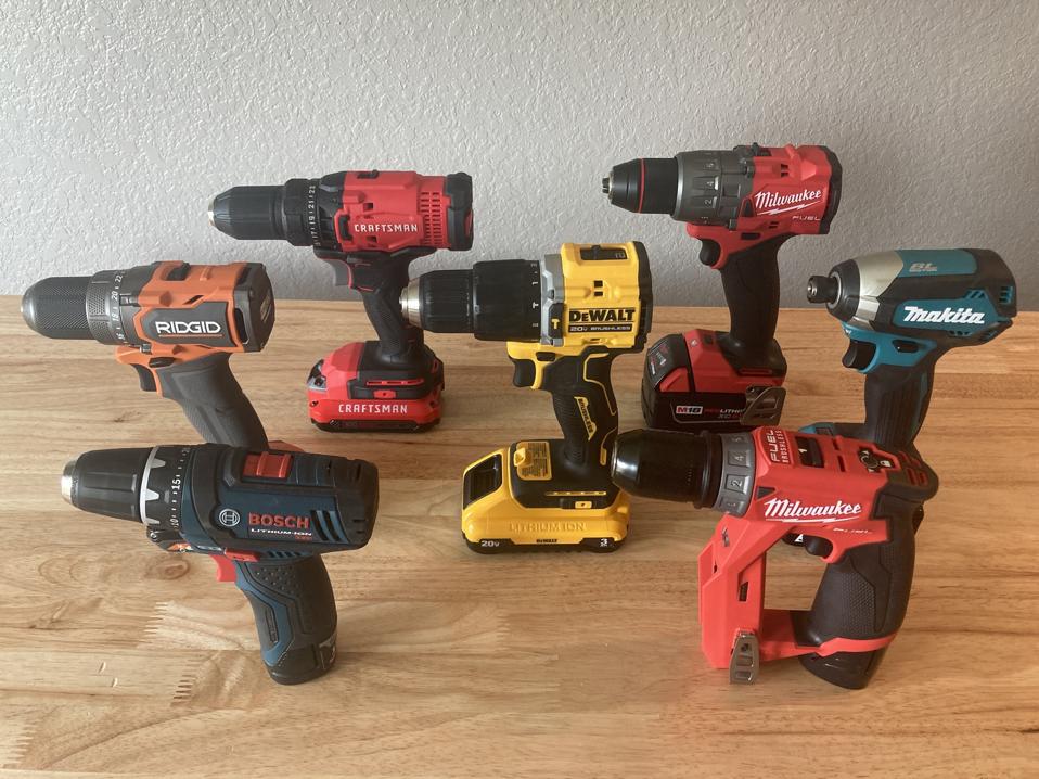 Seven of the best cordless drills in various colors