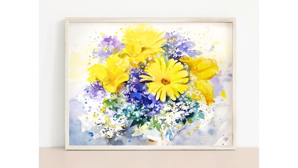 framed painting of Wedding yellow blue and white wedding bouquet with light wooden frame against off-white background